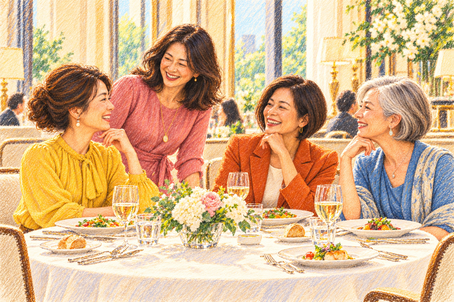 彩りのある装いの大人の女性4人がホテルの食卓で笑い合うイメージイラスト
