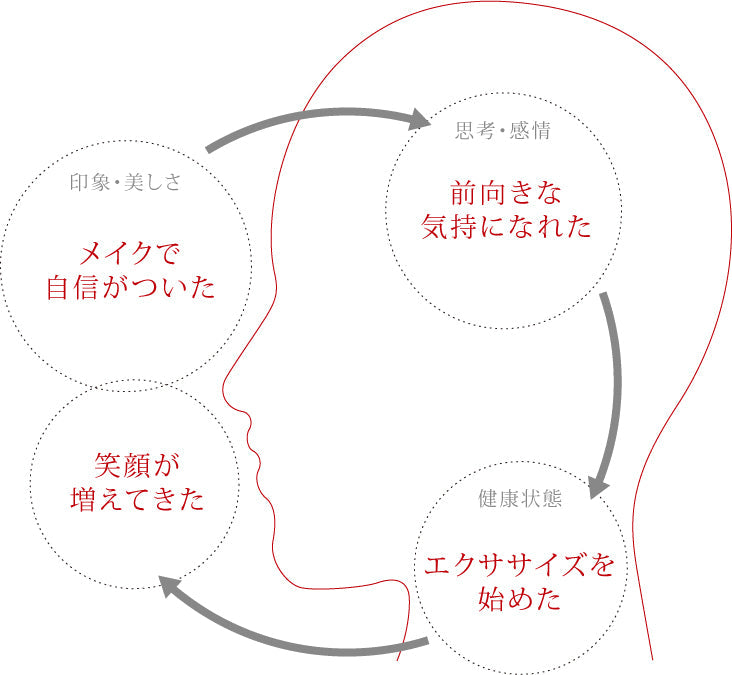 メイクで自信がつき、前向きな気持ちになり、運動を始め、笑顔が増えるという暮らしの例を示した図