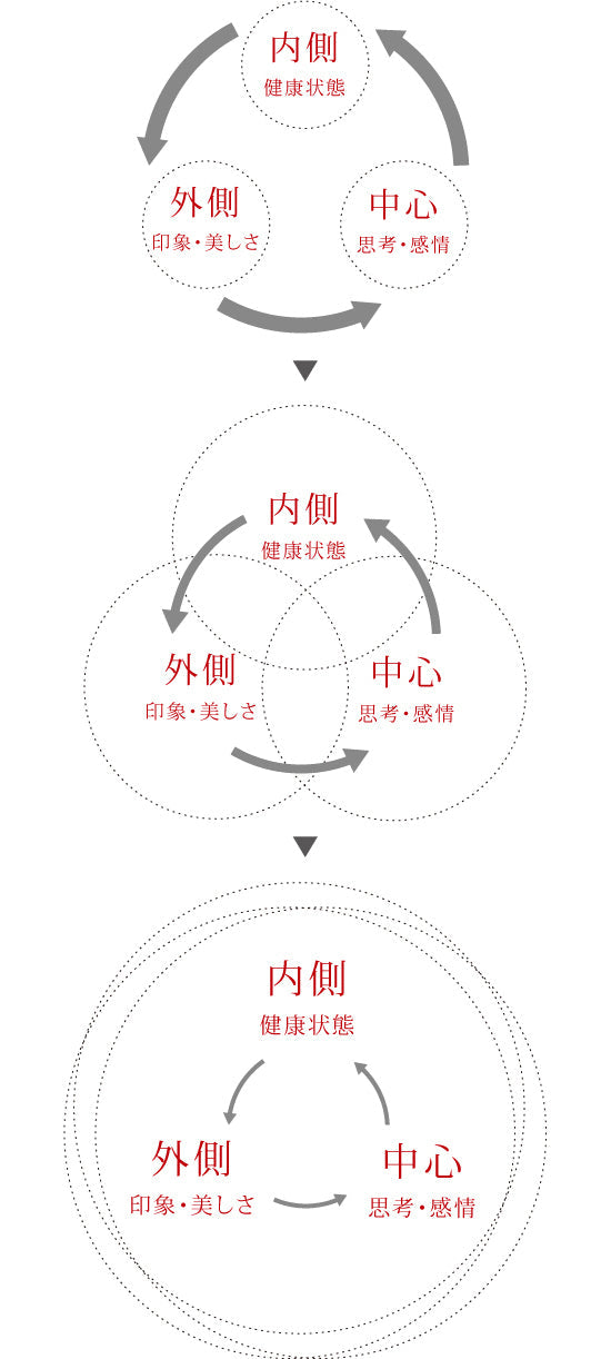 内側・外側・中心の3つの円が少しずつ重なり、調和する様子を描いた概念図