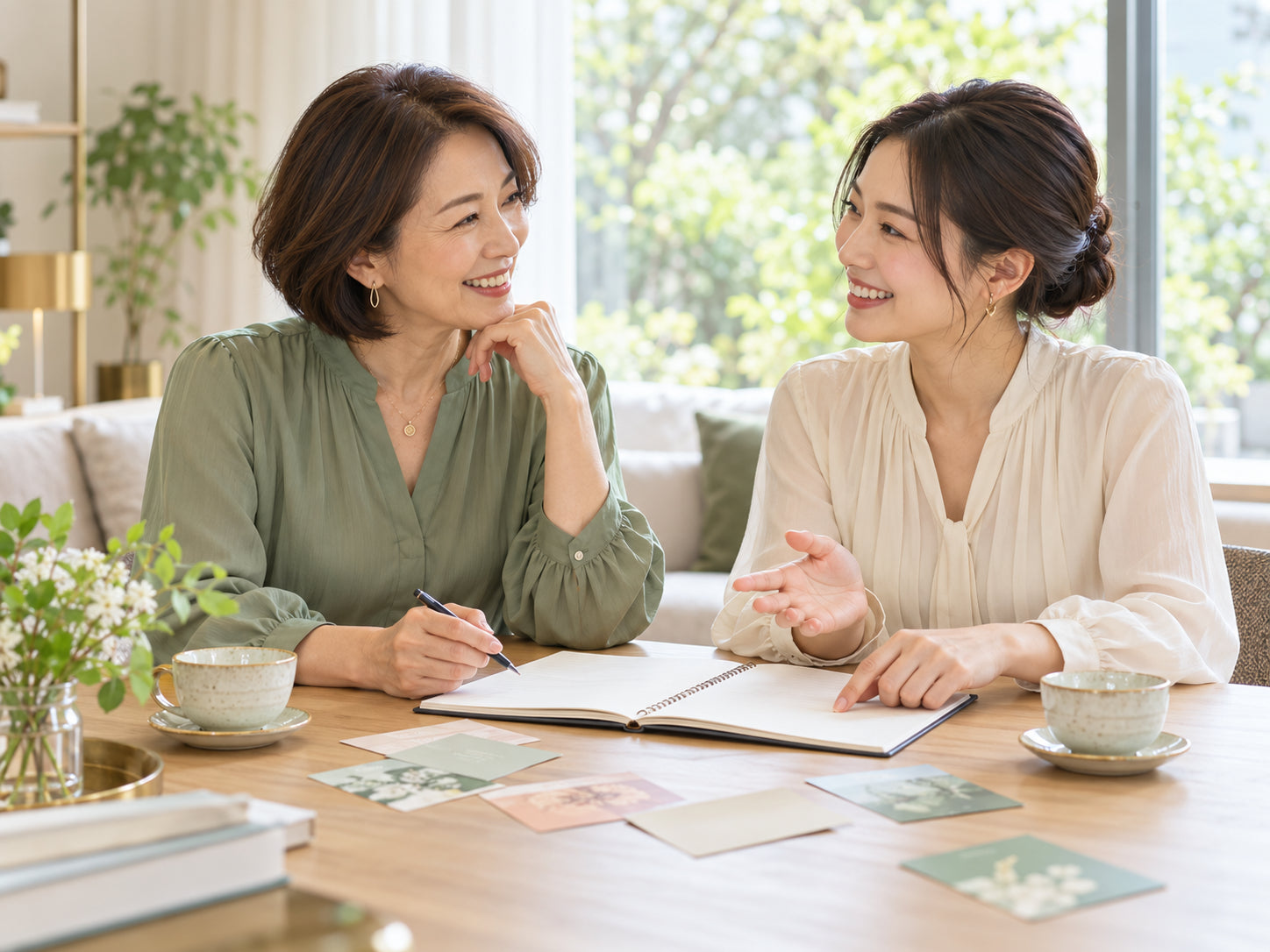 明るい窓辺でノートを囲み、笑顔で話し合う二人の女性